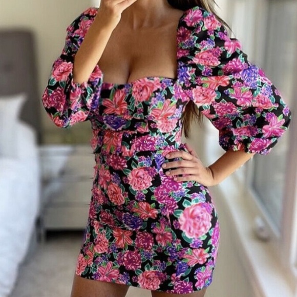 ZARA | BLOGGER FAVE Floral Print Belted Puff Sleeve Square Neck Mini Dress - Picture 7 of 9
